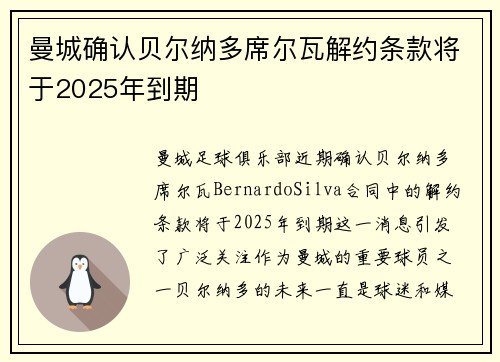 曼城确认贝尔纳多席尔瓦解约条款将于2025年到期 曼城确认贝尔纳多席尔瓦解约条款将于2025年到期
